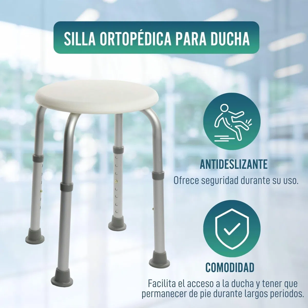 OrtoPrime Taburete de Ducha Redondo - Taburete Baño Antideslizante para discapacitados o Ancianos - Silla Ortopédica para Ducha - Asiento Ducha Adulto - Silla para baño Adulto - Altura Regulable
