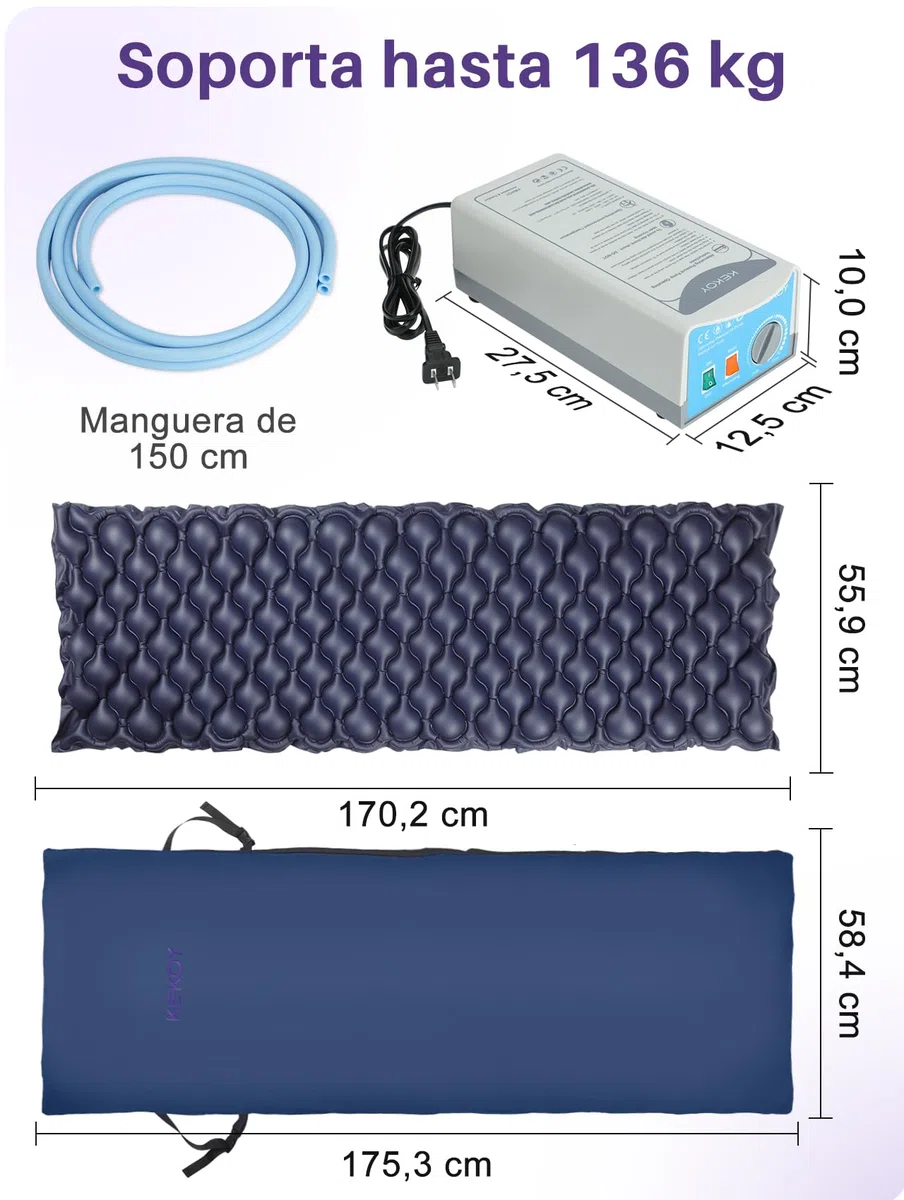 Kekoy Colchón Antiescaras para Sillones Reclinables, Bomba Silenciosa, Funda Impermeable, Ideal para Ancianos y Recuperación Postoperatoria, 170x56 cm, Azul Claro