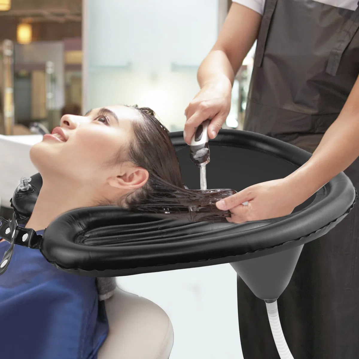 Lavabo inflable, AolKee lavacabezas portatil para casa, champú para discapacitados, ancianos, mujeres embarazadas, con bomba de aire, tubo inflable, pegatinas de mantenimiento de pvc, negro