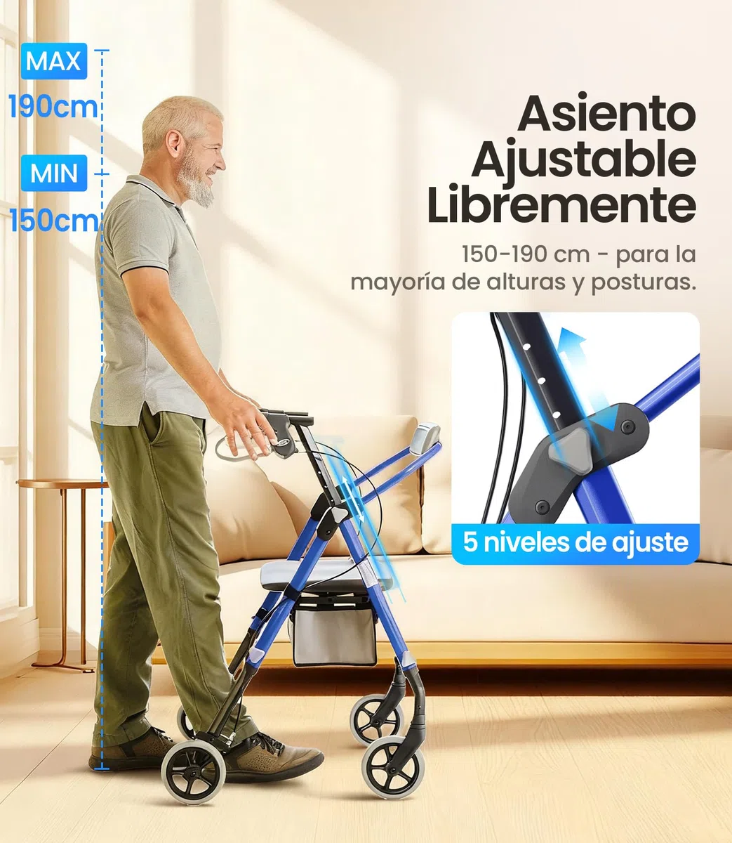 VOCIC Andador plegable ligero con asiento, 6,3 kg Ultraligero andador para ancianos con ruedas,Max 150 kg,asiento ergonómico, altura regulable,Walker estrecho para apartamento & viajes,azul