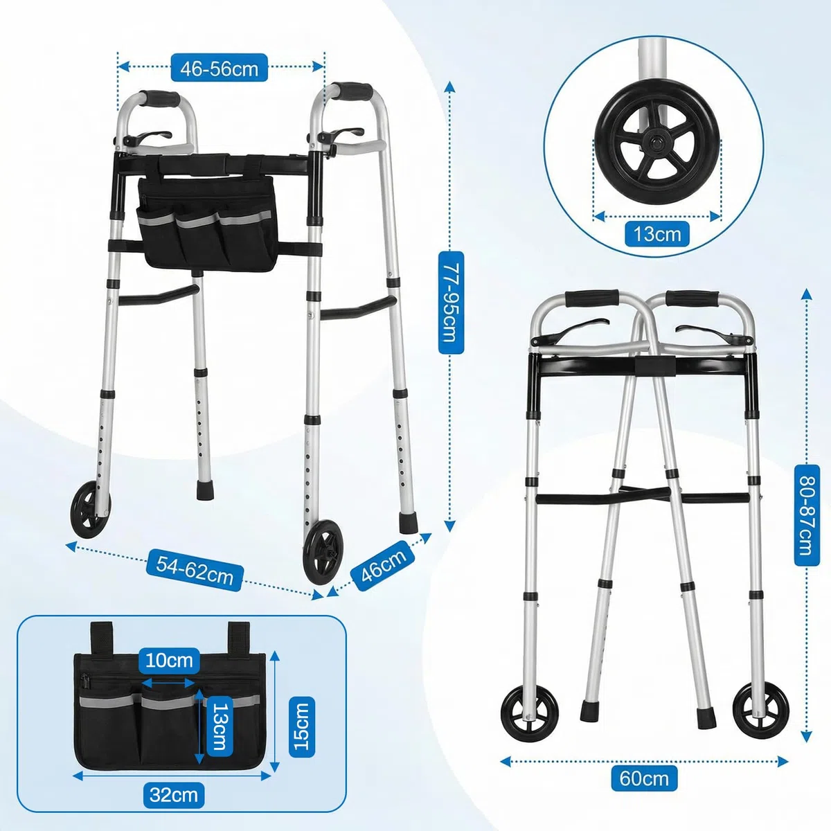 Andador para Personas Mayores, Plegable con Ruedas, Caballete Ligero de Altura Regulable de Aluminio, Gehgestell con Altura Regulable en 8 Niveles y Anchura Ajustable en 5 Posiciones