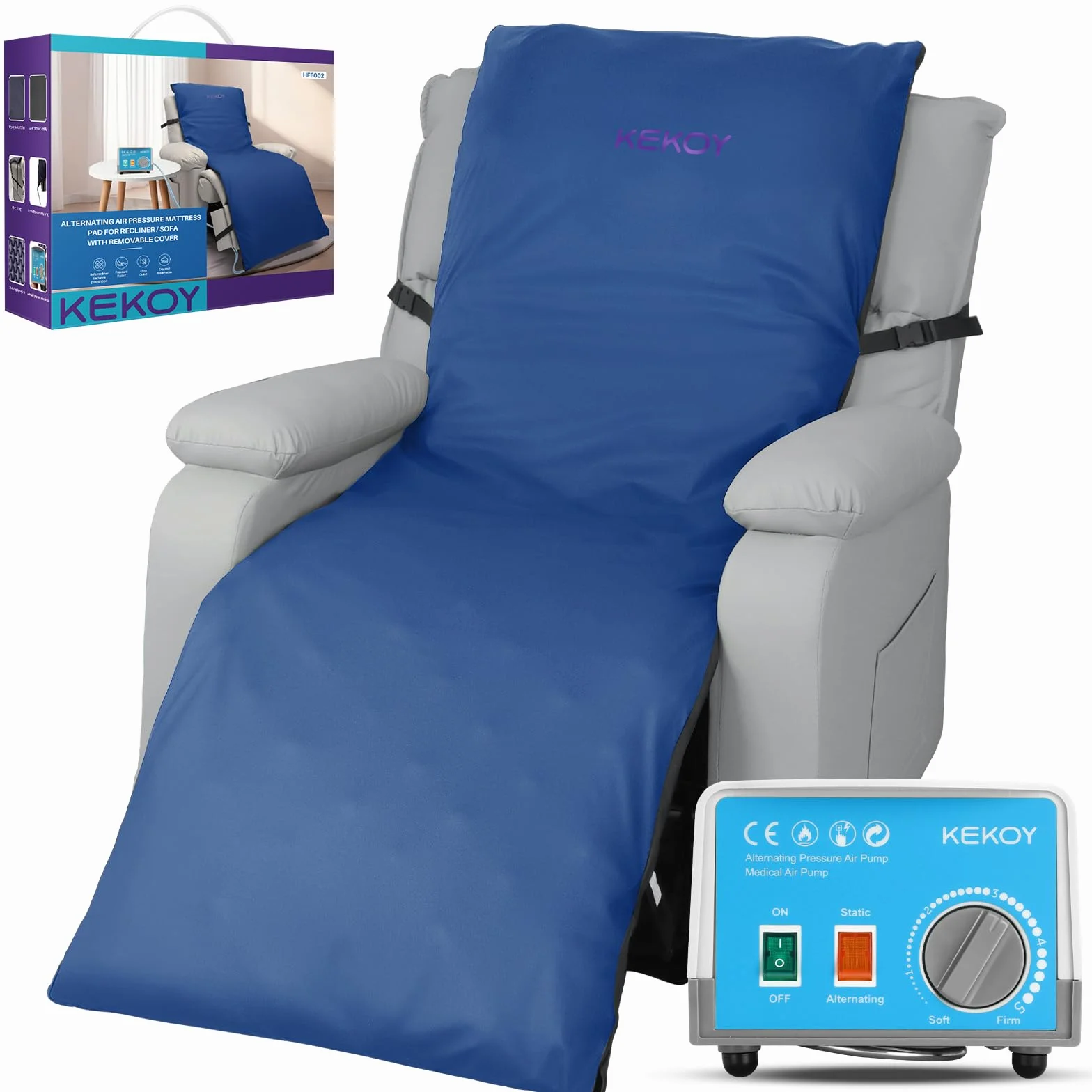 Kekoy Colchón Antiescaras para Sillones Reclinables, Bomba Silenciosa, Funda Impermeable, Ideal para Ancianos y Recuperación Postoperatoria, 170x56 cm, Azul Claro