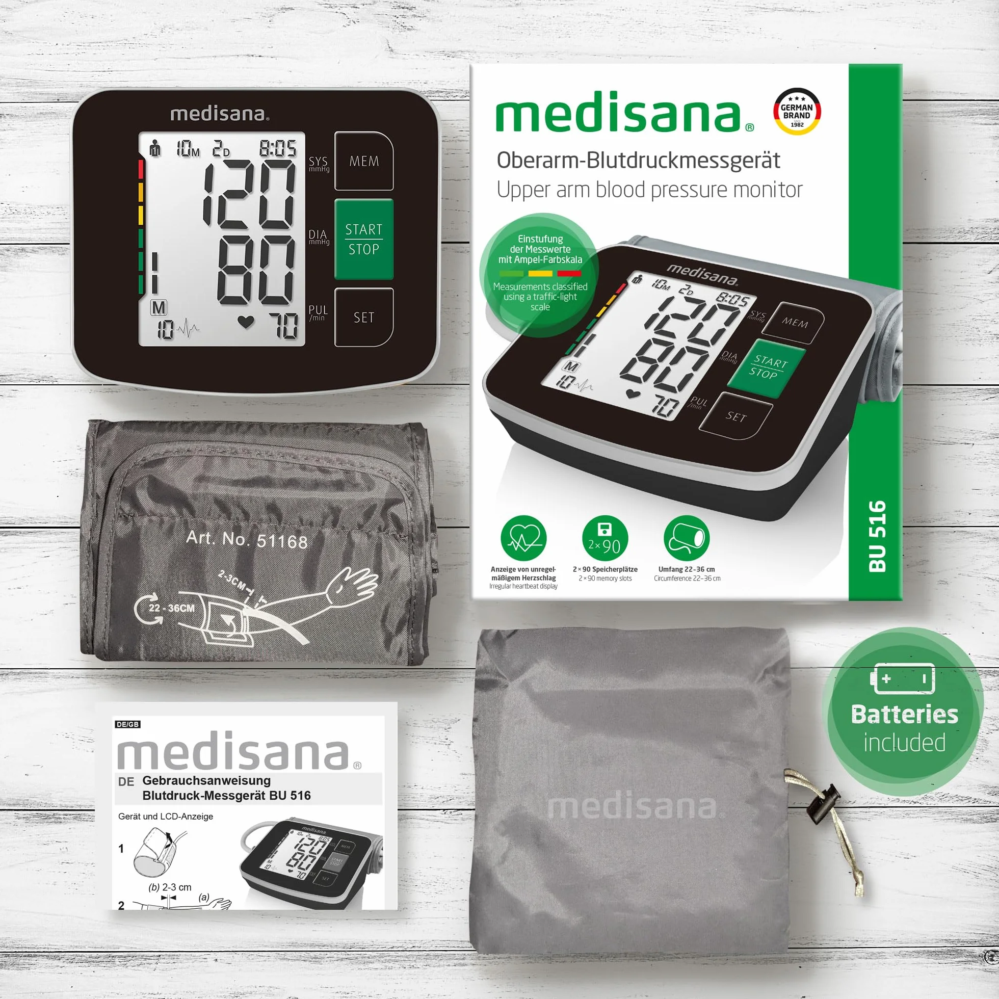 Medisana BU 516 Tensiómetro de brazo, medición precisa de la presión arterial y el pulso con función de memoria, escala de semáforo, función de visualización de latidos irregulares, Color Negro