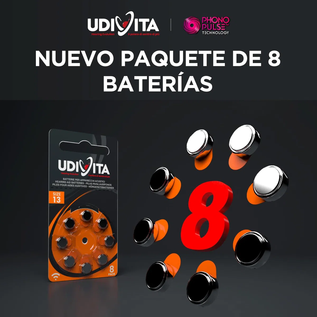 80 Pilas para Audífonos Tamaño 13 Udivita PR48 (Naranja) Zinc-Aire Hearing Evolution Tecnología Phono Pulse - 10 Blísteres de 8 Pilas