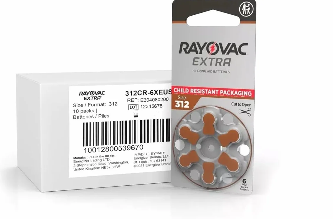 Pilas Potentes y Originales, para audífonos, 10 pack de 6 unds., (60 pilas en total) RAYOVAC PROLINE ADVANCED, Tipo: 312. PREMIUM ZINC AIR. 180 mAh. Fabricadas en Gran Bretaña.