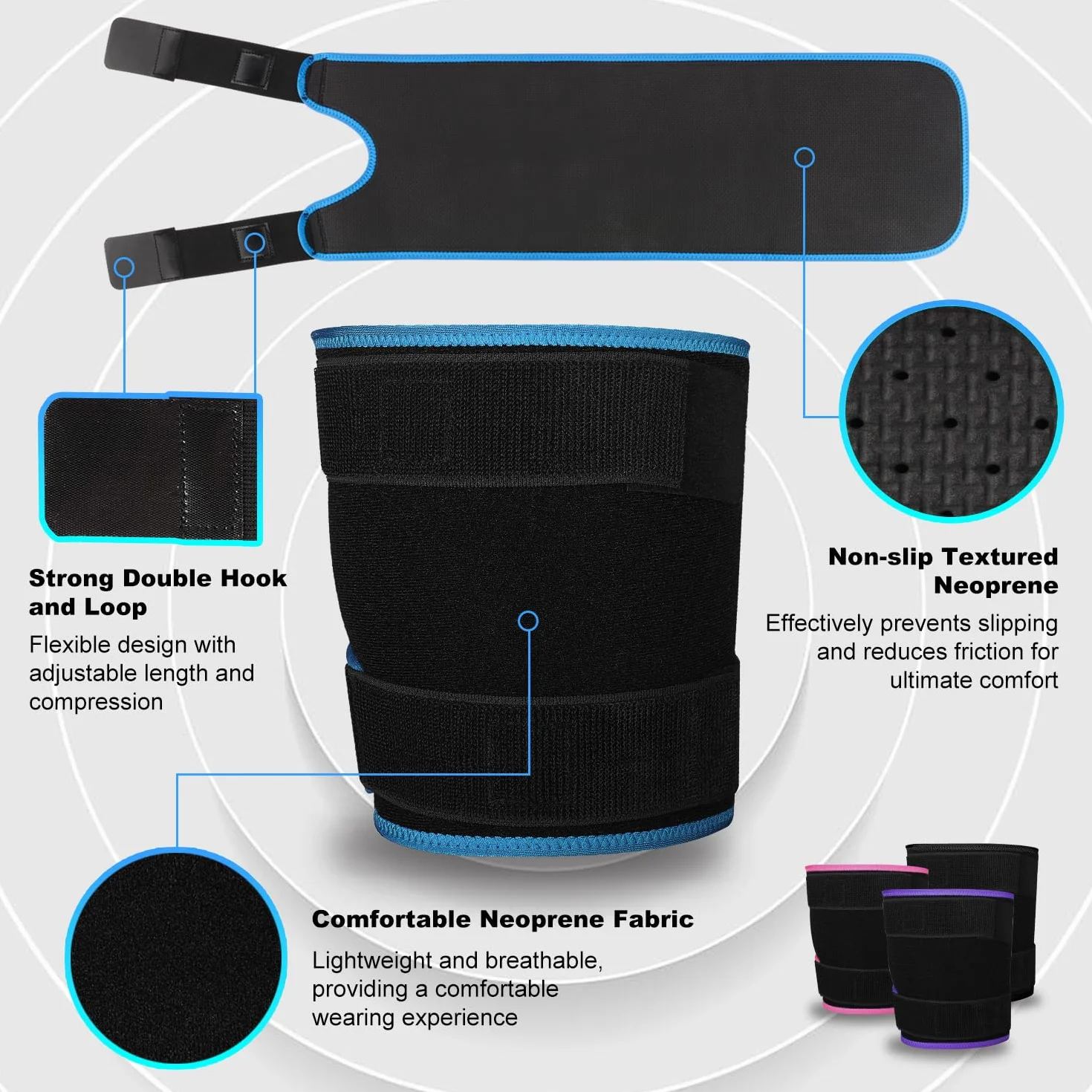 supregear Soporte Muslo, Soporte Ajustable para la Lngle del Muslo, Manga de Compresión del Muslo Cuádriceps, Soporte de Cadera para la Recuperación de Lesiones Musculares Hombres/Mujeres, Azul