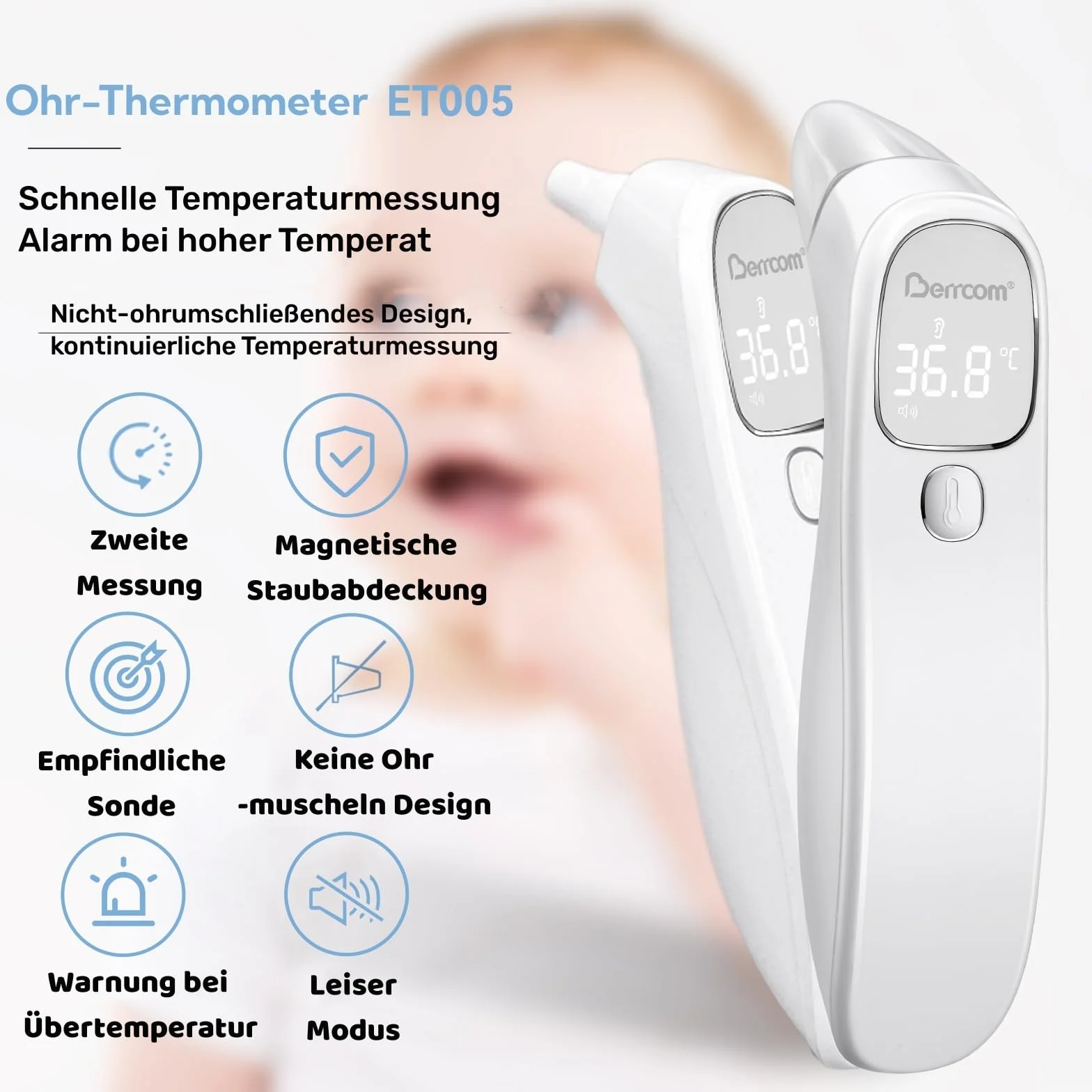 Berrcom Termómetro de fiebre sin contacto para frente y oído, termómetro digital médico por infrarrojos, termómetro de frente para bebé, adulto con alarma de fiebre, lectura instantánea