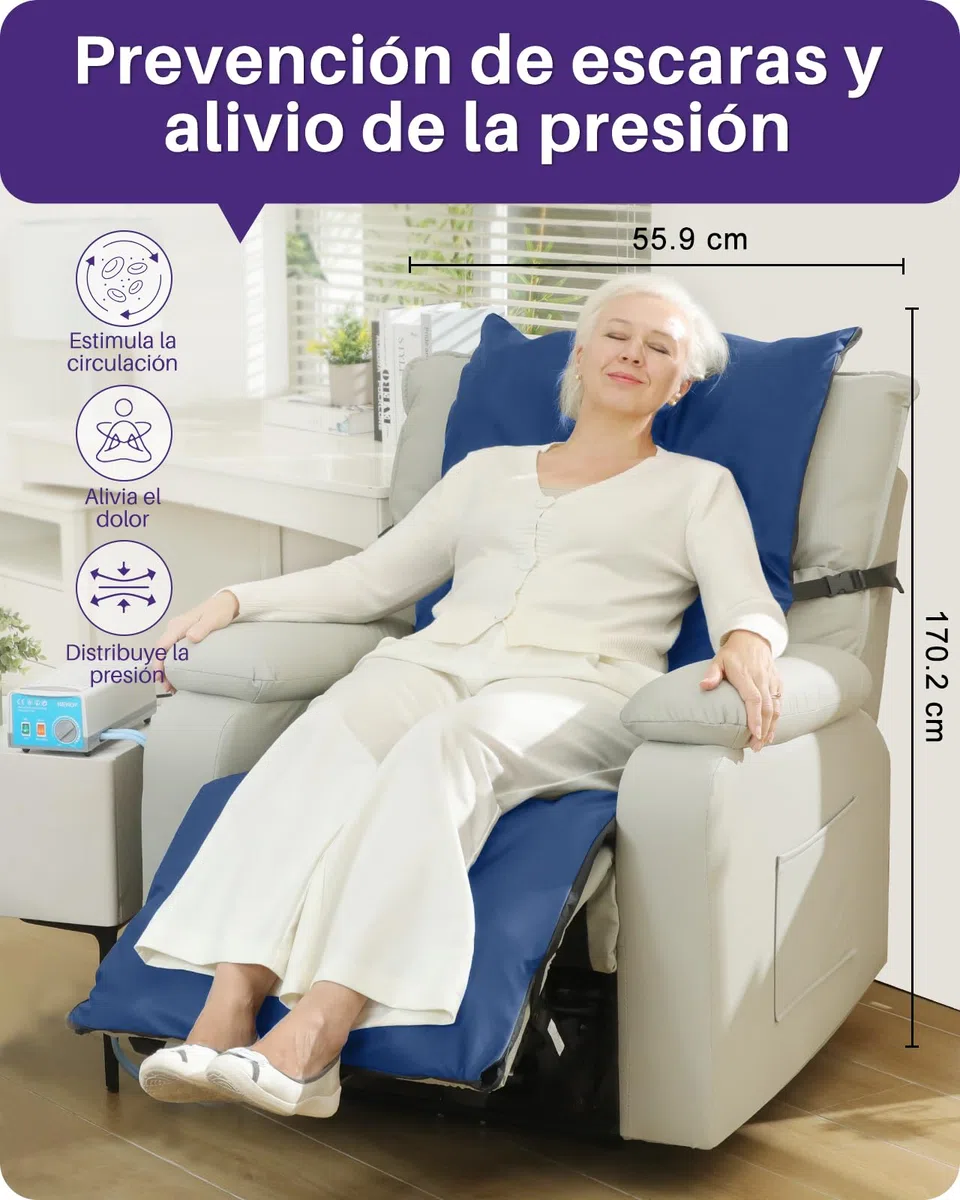 Kekoy Colchón Antiescaras para Sillones Reclinables, Bomba Silenciosa, Funda Impermeable, Ideal para Ancianos y Recuperación Postoperatoria, 170x56 cm, Azul Claro
