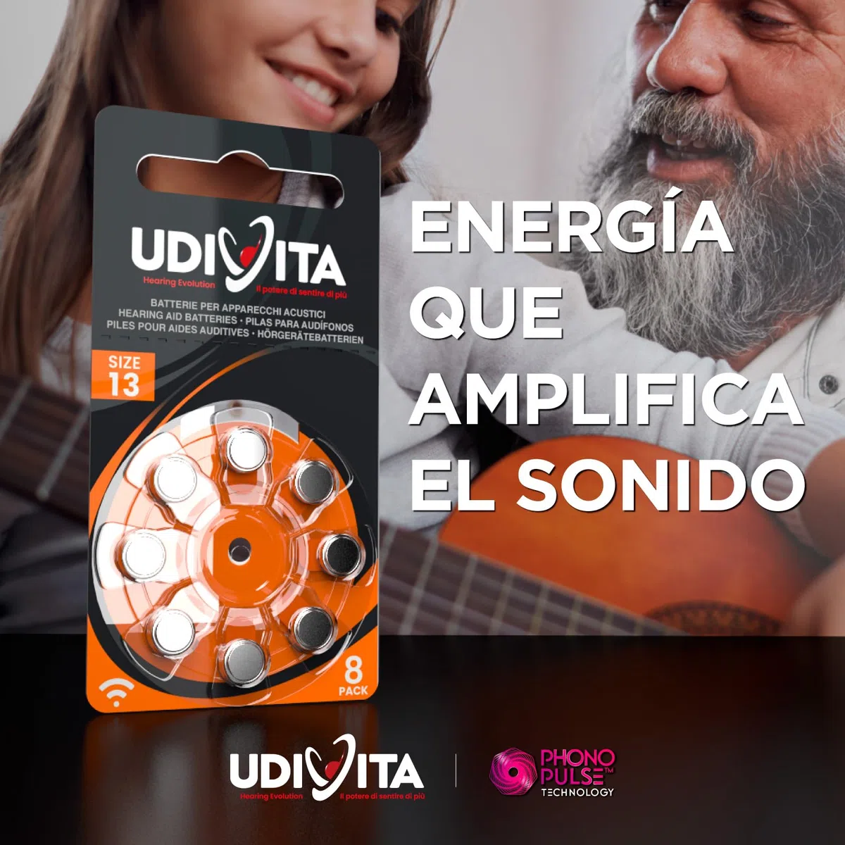 80 Pilas para Audífonos Tamaño 13 Udivita PR48 (Naranja) Zinc-Aire Hearing Evolution Tecnología Phono Pulse - 10 Blísteres de 8 Pilas