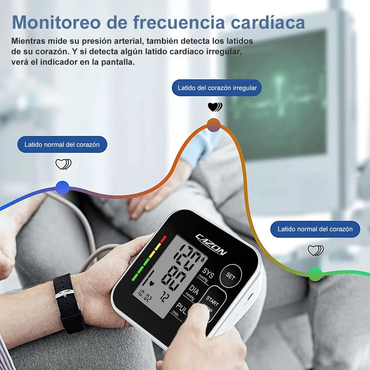 CAZON Tensiómetro de Brazo, Monitor de presiónarterial para uso doméstico. Detector electrónico defrecuencia cardiaca con brazalete 22-40cm,2X120memoria (Negro)