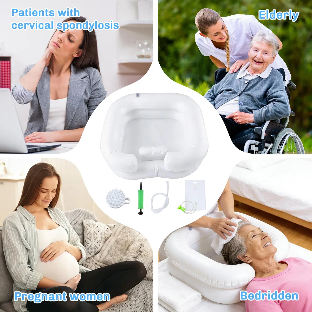Lavabo de pelo para postrados en cama, lavabo inflable con manguera de drenaje de 1 m, bomba de aire, cabezal de ducha y saco de agua para embarazadas, lesionados, personas mayores y personas