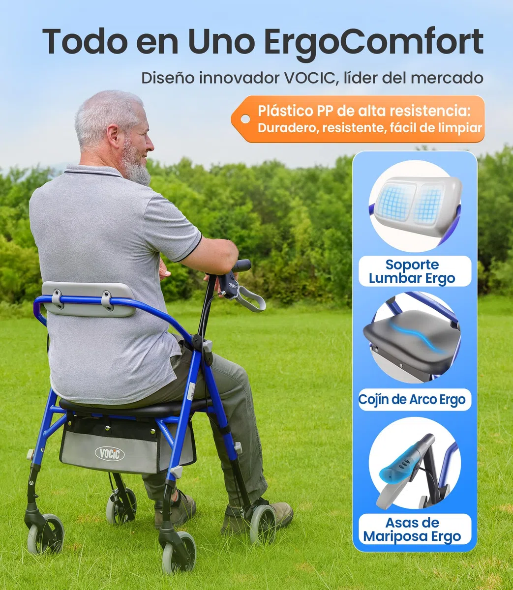 VOCIC Andador plegable ligero con asiento, 6,3 kg Ultraligero andador para ancianos con ruedas,Max 150 kg,asiento ergonómico, altura regulable,Walker estrecho para apartamento & viajes,azul