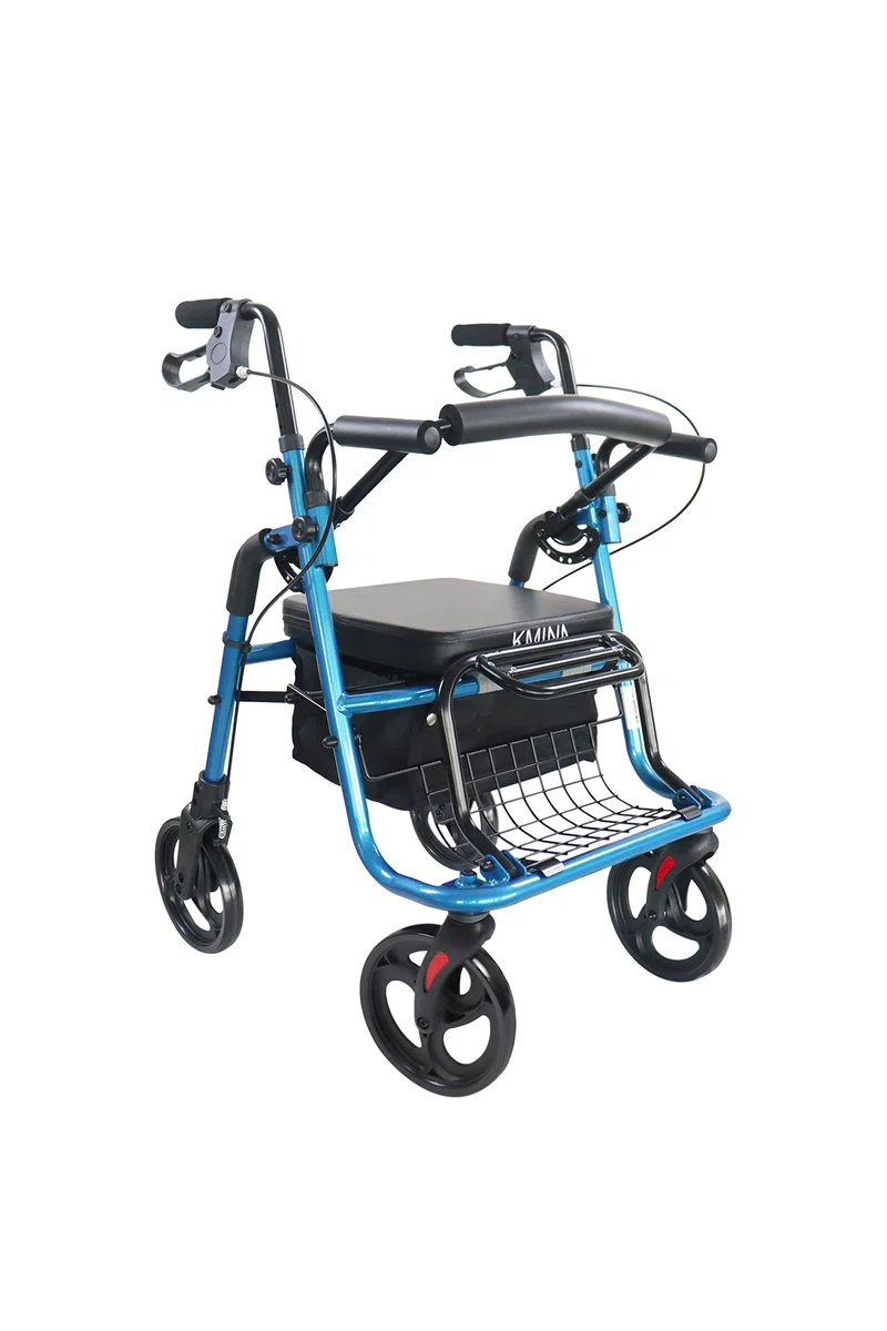 KMINA Andador Silla Plegable 2 en 1 con Cesta y Frenos de Maneta, Asiento Acolchado, Altura Regulable, Azul