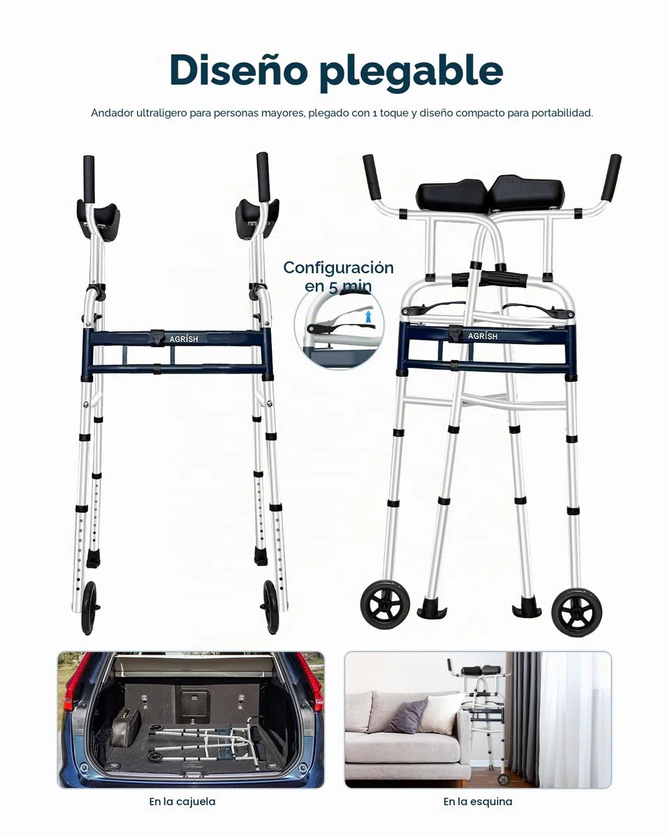 Andador Vertical Estrecho para Espacios Reducidos, Anchura 5 Niveles Altura 10 Niveles Regulable, Tacataca Plegable para Puertas Angostas, Caminadores Ligeros para Ancianos Mayores