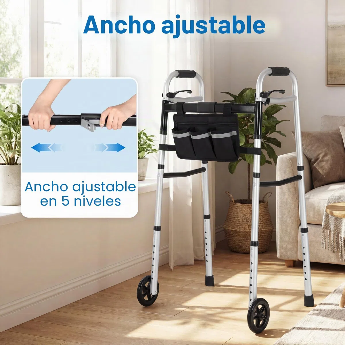 Andador para Personas Mayores, Plegable con Ruedas, Caballete Ligero de Altura Regulable de Aluminio, Gehgestell con Altura Regulable en 8 Niveles y Anchura Ajustable en 5 Posiciones