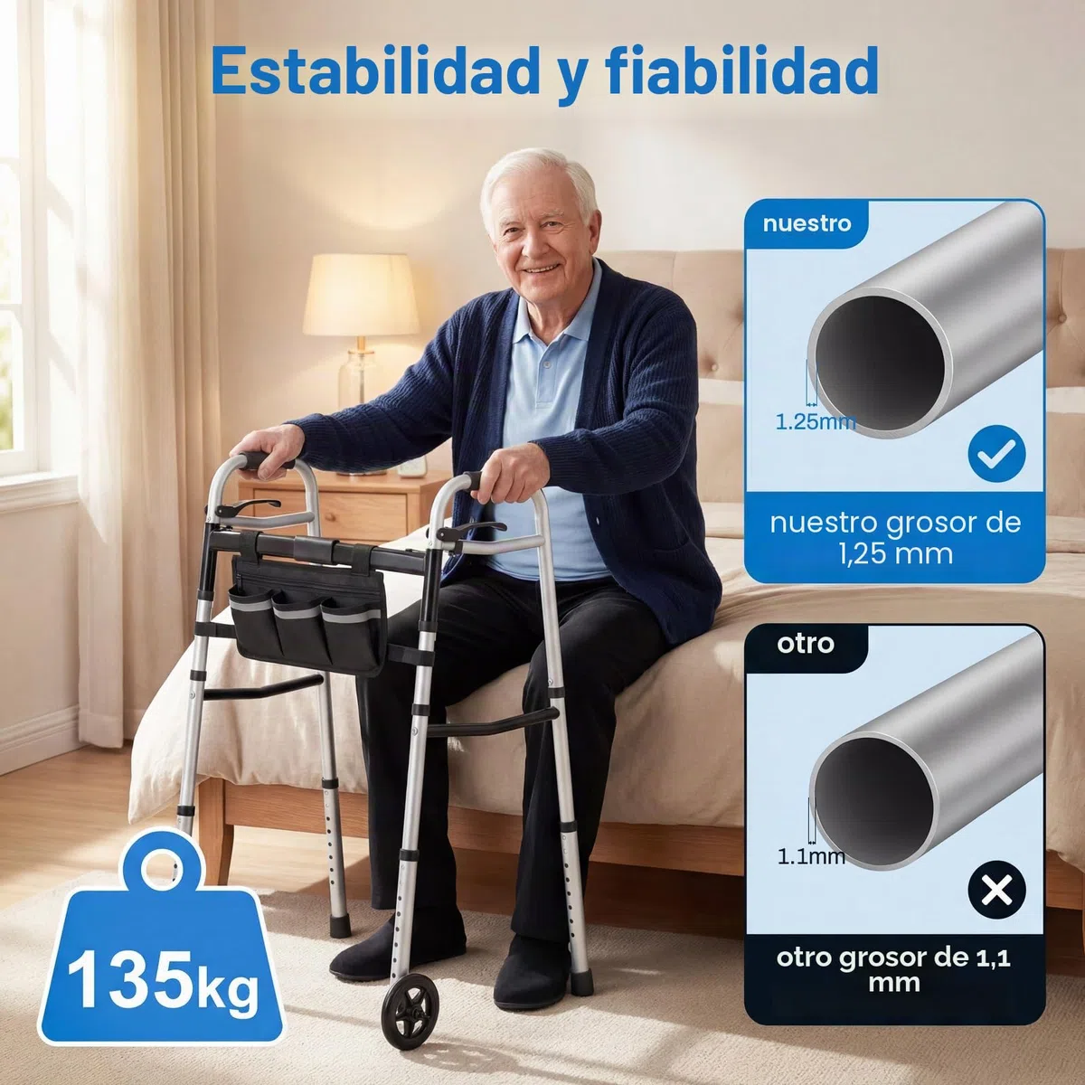 Andador para Personas Mayores, Plegable con Ruedas, Caballete Ligero de Altura Regulable de Aluminio, Gehgestell con Altura Regulable en 8 Niveles y Anchura Ajustable en 5 Posiciones