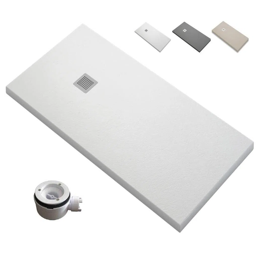 Plato de Ducha RESINA Extraplano EstiloBaño® DACOTA - Antideslizante TEXTURA PIZARRA -Todas Las Medidas Disponibles -Varios colores -【70x160, Blanco Ral-9003】- Incluye Válvula desagüe + Rejilla