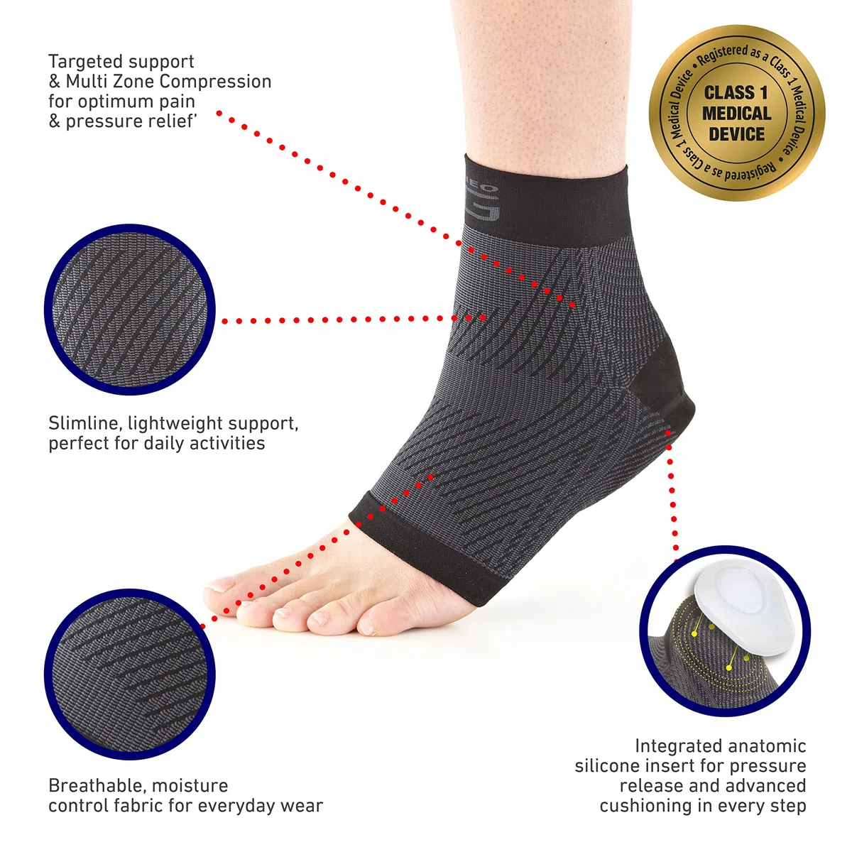 Neo G Medias de Compresión para Fascitis Plantar - Talla L - Calidad de Grado Médico, almohadilla de silicona. Ayuda a aliviar la fascitis plantar, la presión y dolor en el talón - 1 par - Unisex