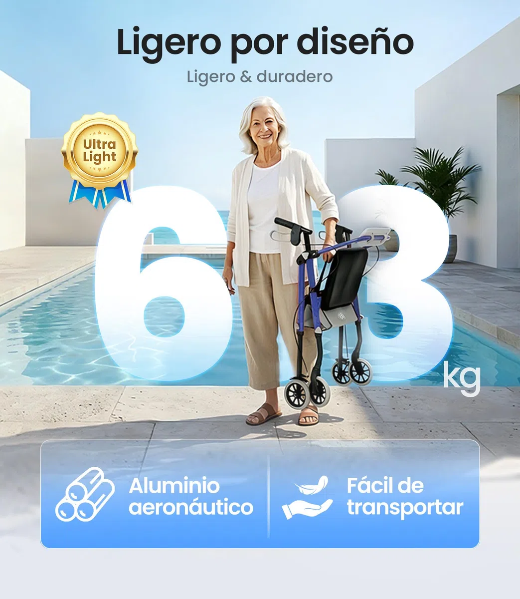 VOCIC Andador plegable ligero con asiento, 6,3 kg Ultraligero andador para ancianos con ruedas,Max 150 kg,asiento ergonómico, altura regulable,Walker estrecho para apartamento & viajes,azul