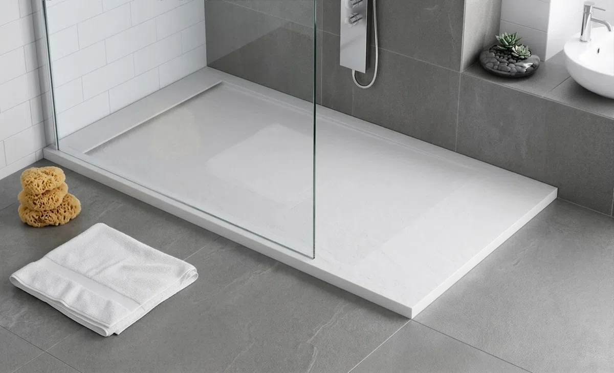 Plato de ducha resina FLOW desagüe lineal frontal Blanco 110x70 textura pizarra antideslizante rejilla extraplana integrada