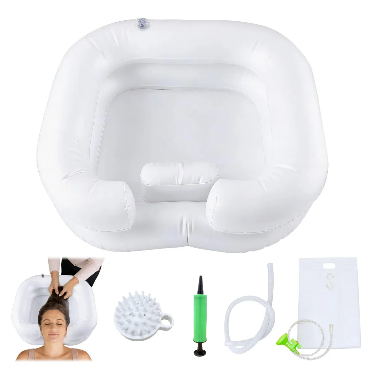 Lavabo de pelo para postrados en cama, lavabo inflable con manguera de drenaje de 1 m, bomba de aire, cabezal de ducha y saco de agua para embarazadas, lesionados, personas mayores y personas