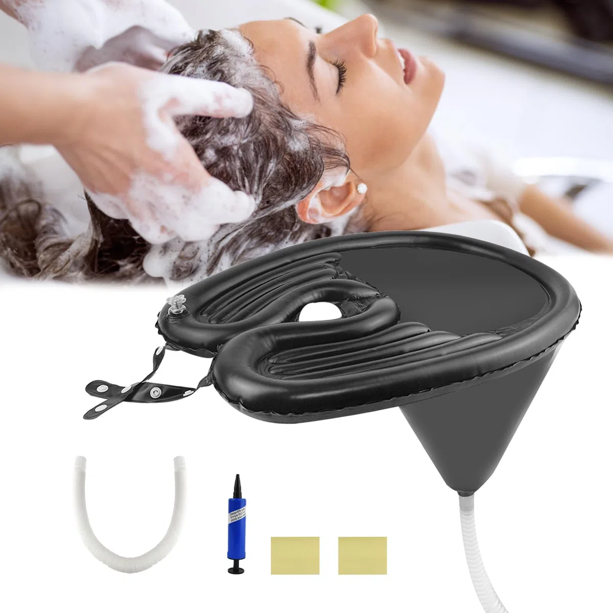 Lavabo inflable, AolKee lavacabezas portatil para casa, champú para discapacitados, ancianos, mujeres embarazadas, con bomba de aire, tubo inflable, pegatinas de mantenimiento de pvc, negro