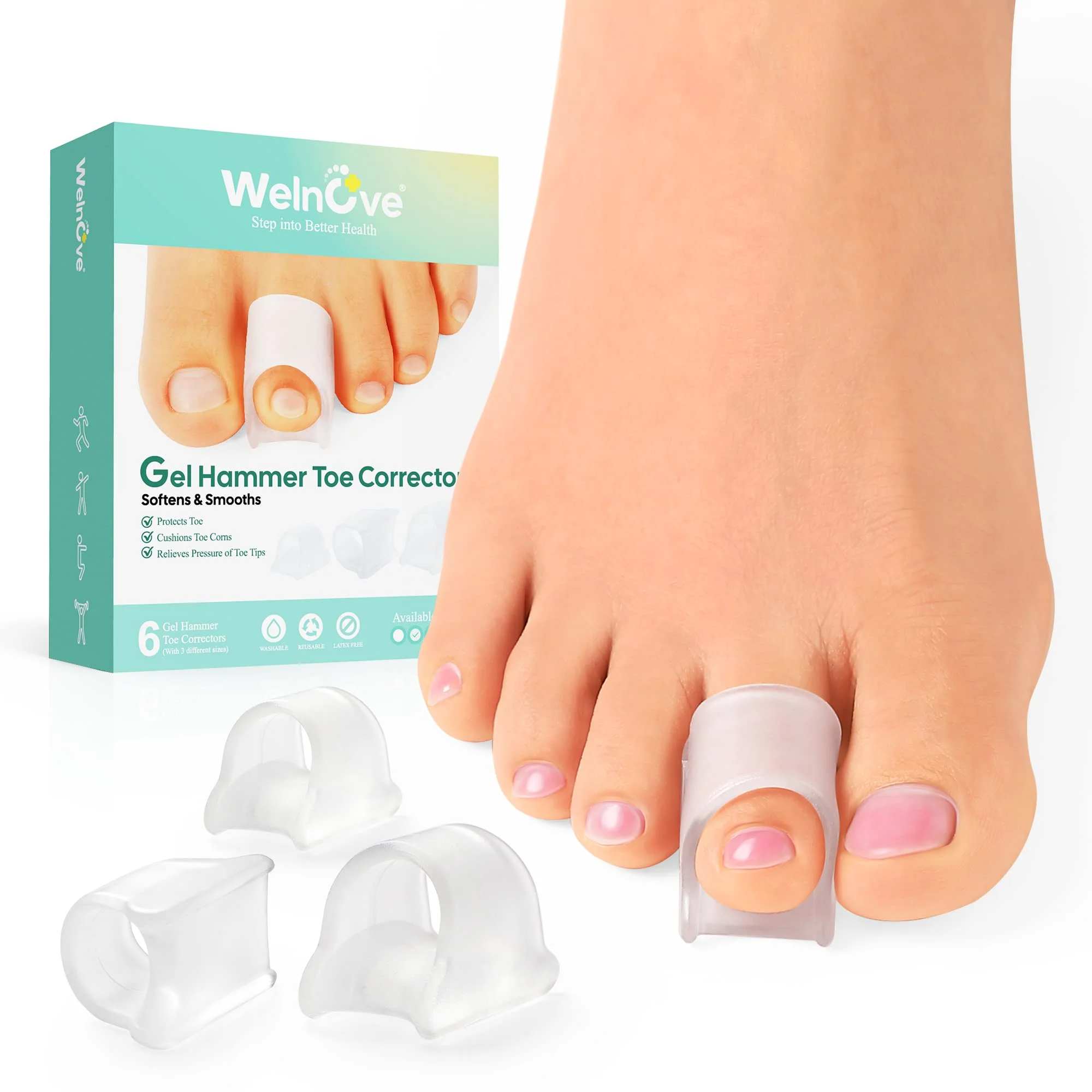 Welnove Corrector de dedos en martillo, enderezador de dedos rizados, dedos rotos, corrector de juanetes para mujeres y hombres, 3 tamaños diferentes (transparente)