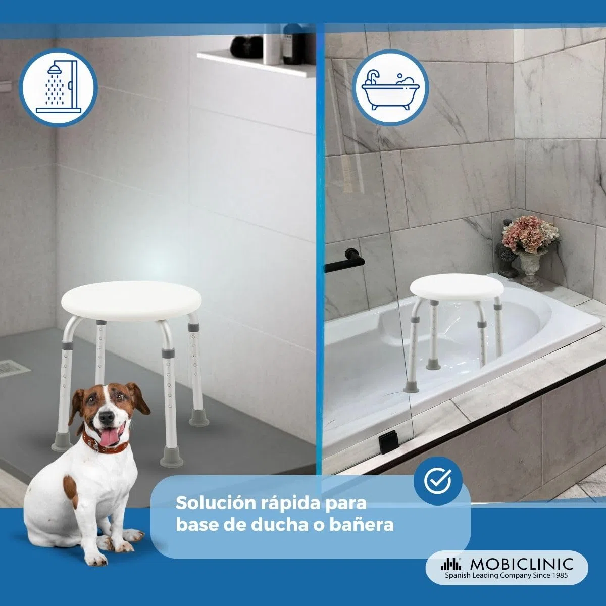 Mobiclinic®, Taburete baño, Conteras Antideslizantes, Asiento Confortable, Banqueta de Ducha, hasta 100 kg, Ligera y Resistente, Aluminio (Cloruro de polivinilo (PVC))