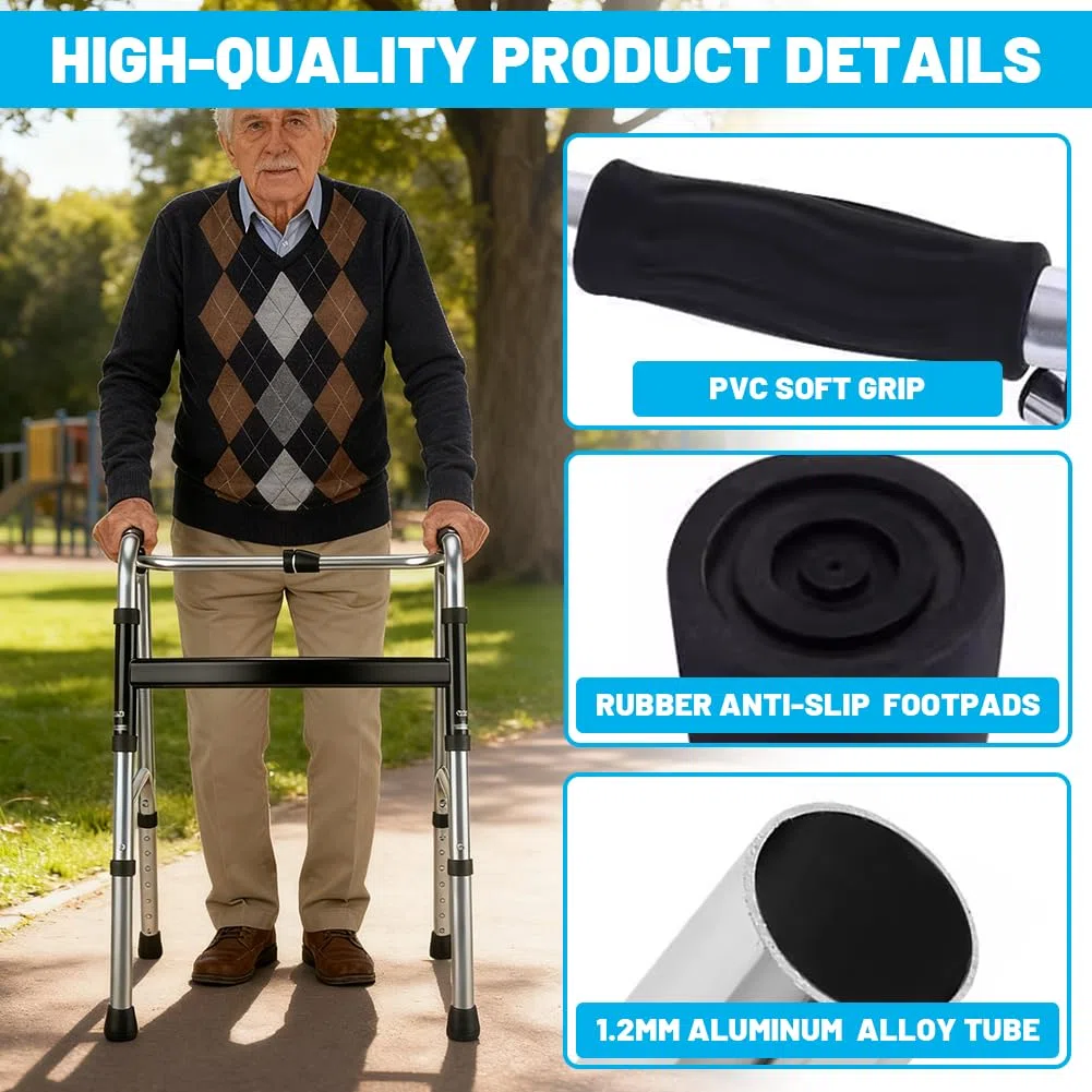 Andador ligero, con bisagras, plegable sin ruedas, altura ajustable, para personas mayores, de aluminio, antideslizante, asas ergonómicas (plata, 4 pies de goma)