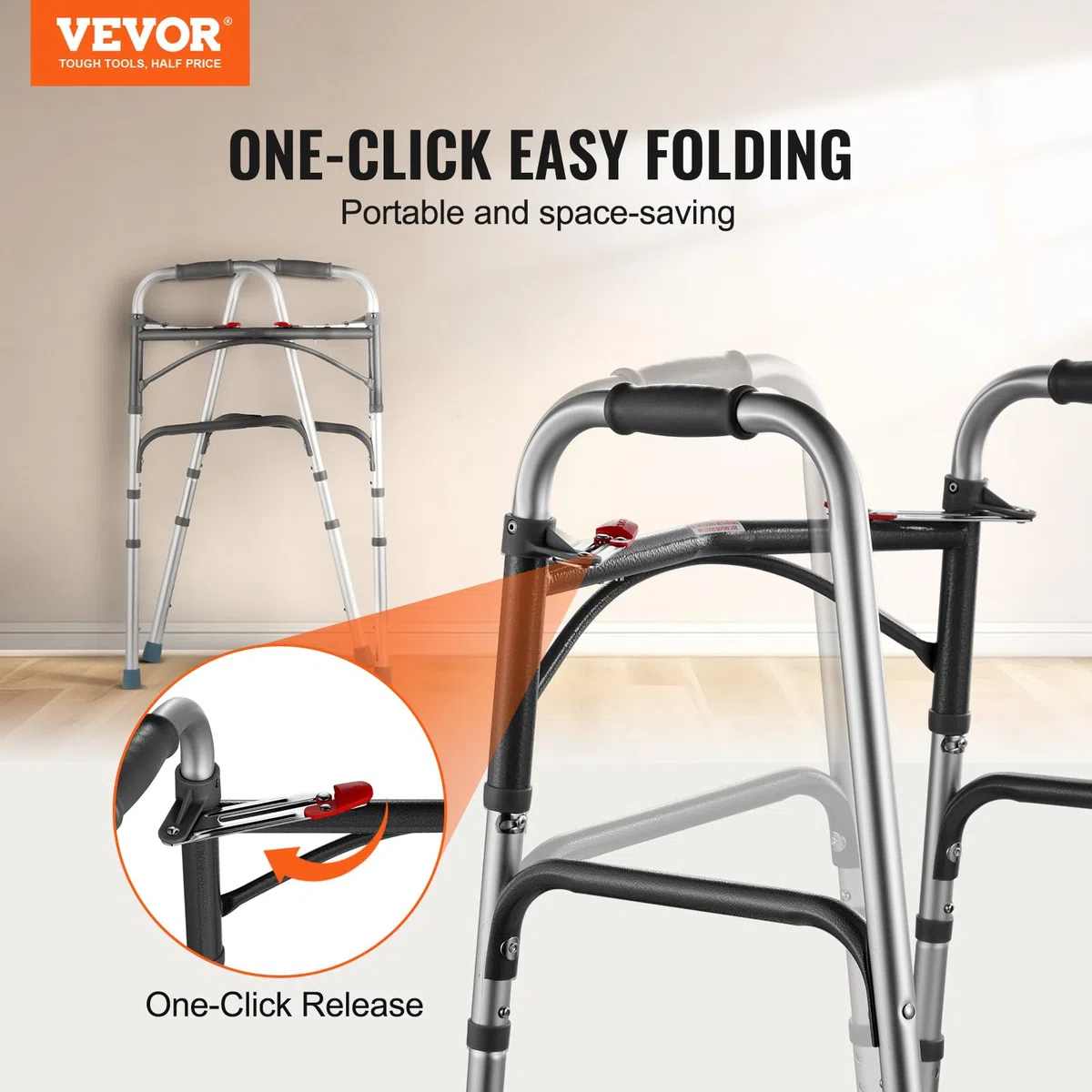 VEVOR Andador Plegable Capacidad de Carga 158 kg Andador de Ayuda para Movilidad de Aluminio Altura Ajustable de 8 Niveles 820-1000 mm Manijas Duraderas para Personas Mayores, Discapacitadas
