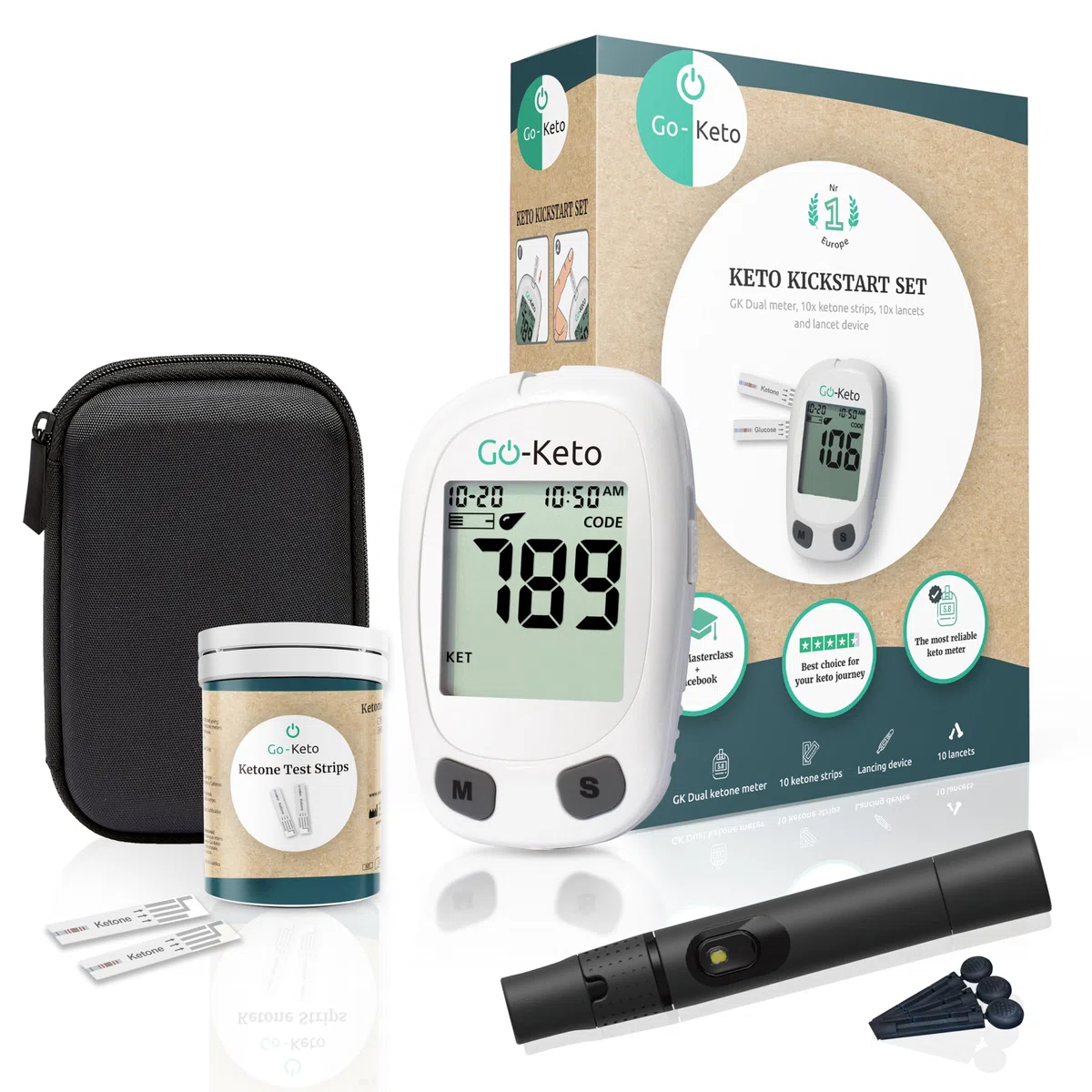 Medidor de cetonas Go-Keto (mg/dl) – Medidor de cetonas con 10 tiras reactivas – Mide fácilmente la cetosis para la dieta cetogénica