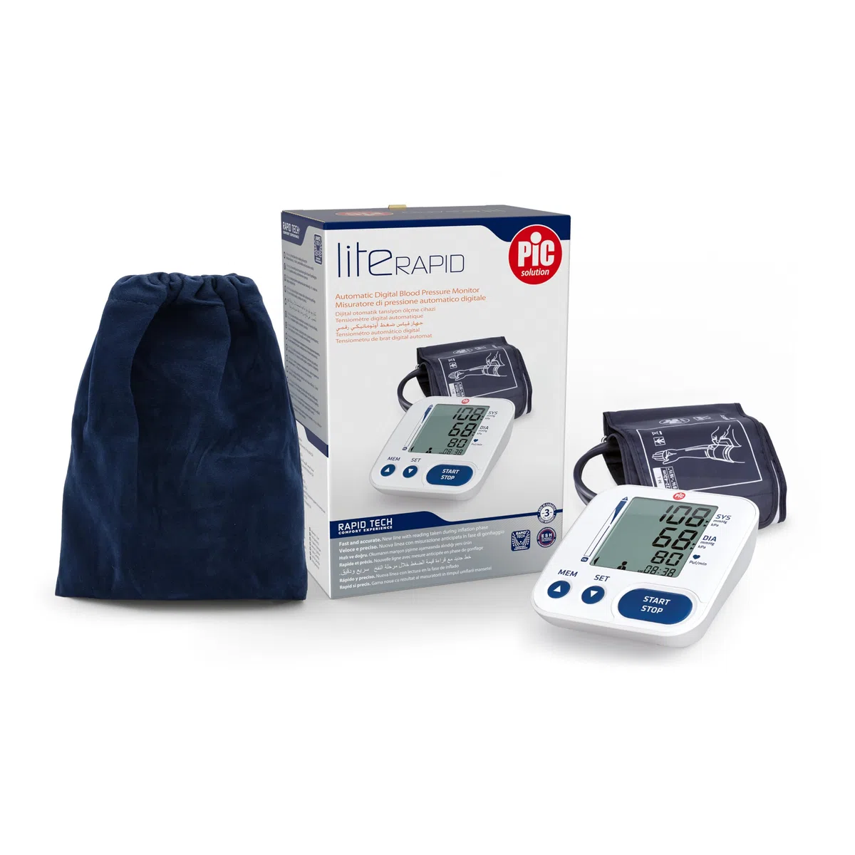 Pic Solution - Literapid - Medidor de presión arterial de brazo digital, aparato automático para medir la presión arterial en casa, clínicamente validado, blanco y azul