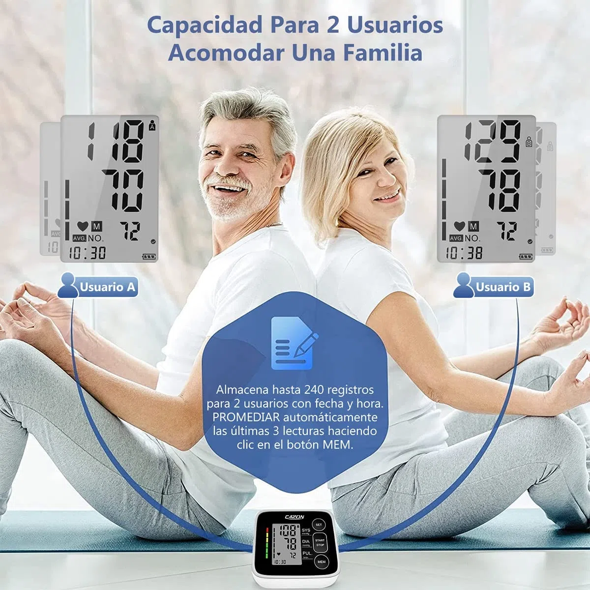 CAZON Tensiómetro de Brazo, Monitor de presiónarterial para uso doméstico. Detector electrónico defrecuencia cardiaca con brazalete 22-40cm,2X120memoria (Negro)