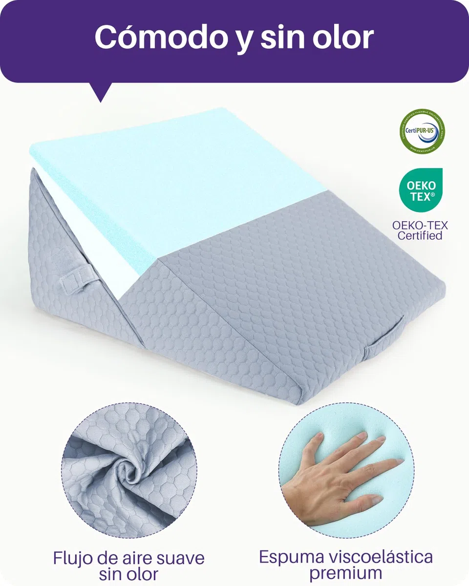 Kekoy Cuña Antireflujo Adulto Ajustable | Ideal para Apnea del Sueño, Reflujo Ácido, Ronquidos y Recuperación Postoperatoria | Almohada Cuña en Espuma de Memoria, Funda Lavable y Asidero - Gris