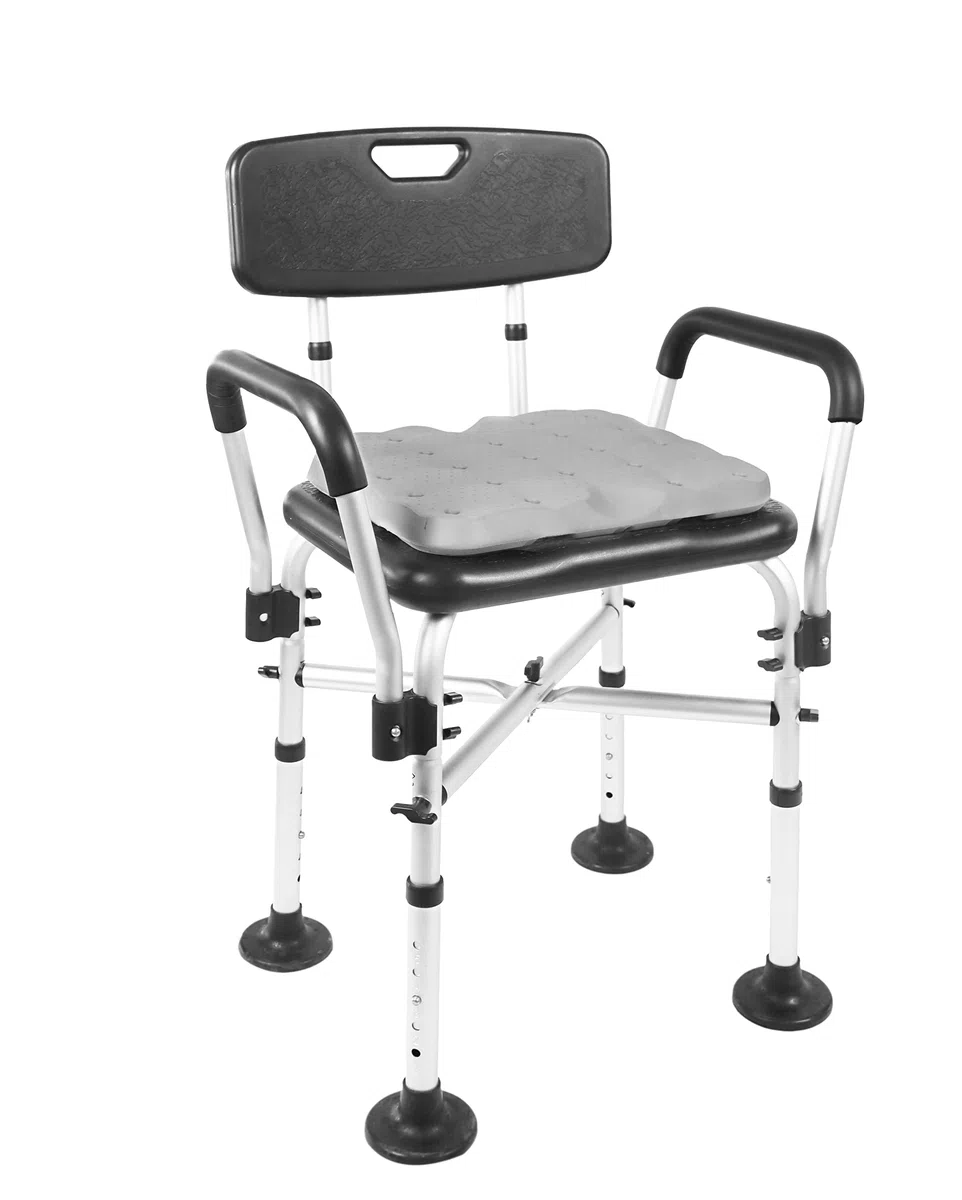 KMINA Silla Ducha Reposabrazos 150 kg Altura Regulable Cojín Espuma Montaje sin Herramientas Fabricado España Negro