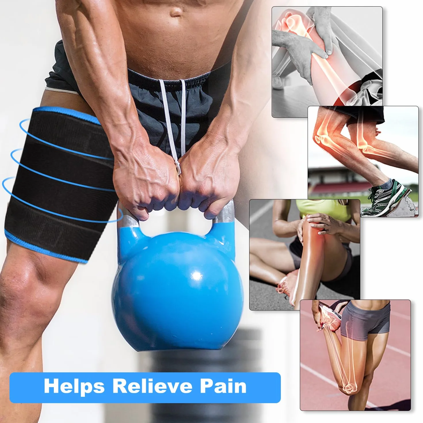 supregear Soporte Muslo, Soporte Ajustable para la Lngle del Muslo, Manga de Compresión del Muslo Cuádriceps, Soporte de Cadera para la Recuperación de Lesiones Musculares Hombres/Mujeres, Azul