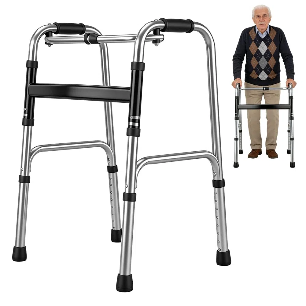 Andador ligero, con bisagras, plegable sin ruedas, altura ajustable, para personas mayores, de aluminio, antideslizante, asas ergonómicas (plata, 4 pies de goma)