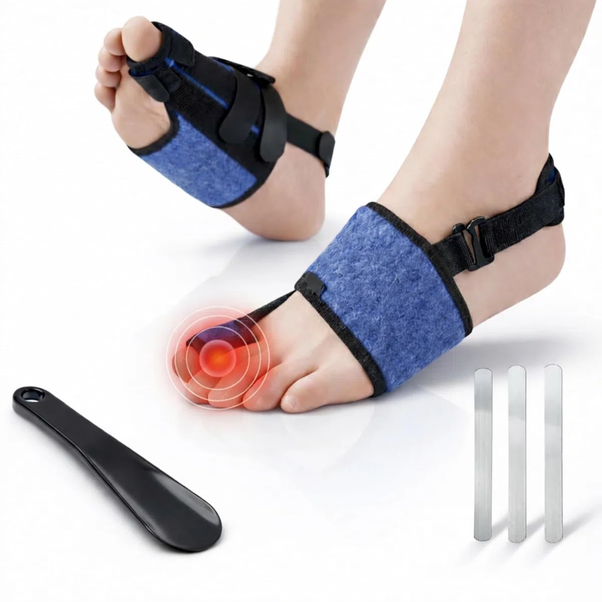 Férula para dedo gordo del pie, soporte Turf Toe, 3 placas de acero inoxidable, correa desmontable y calzador, azul izquierdo