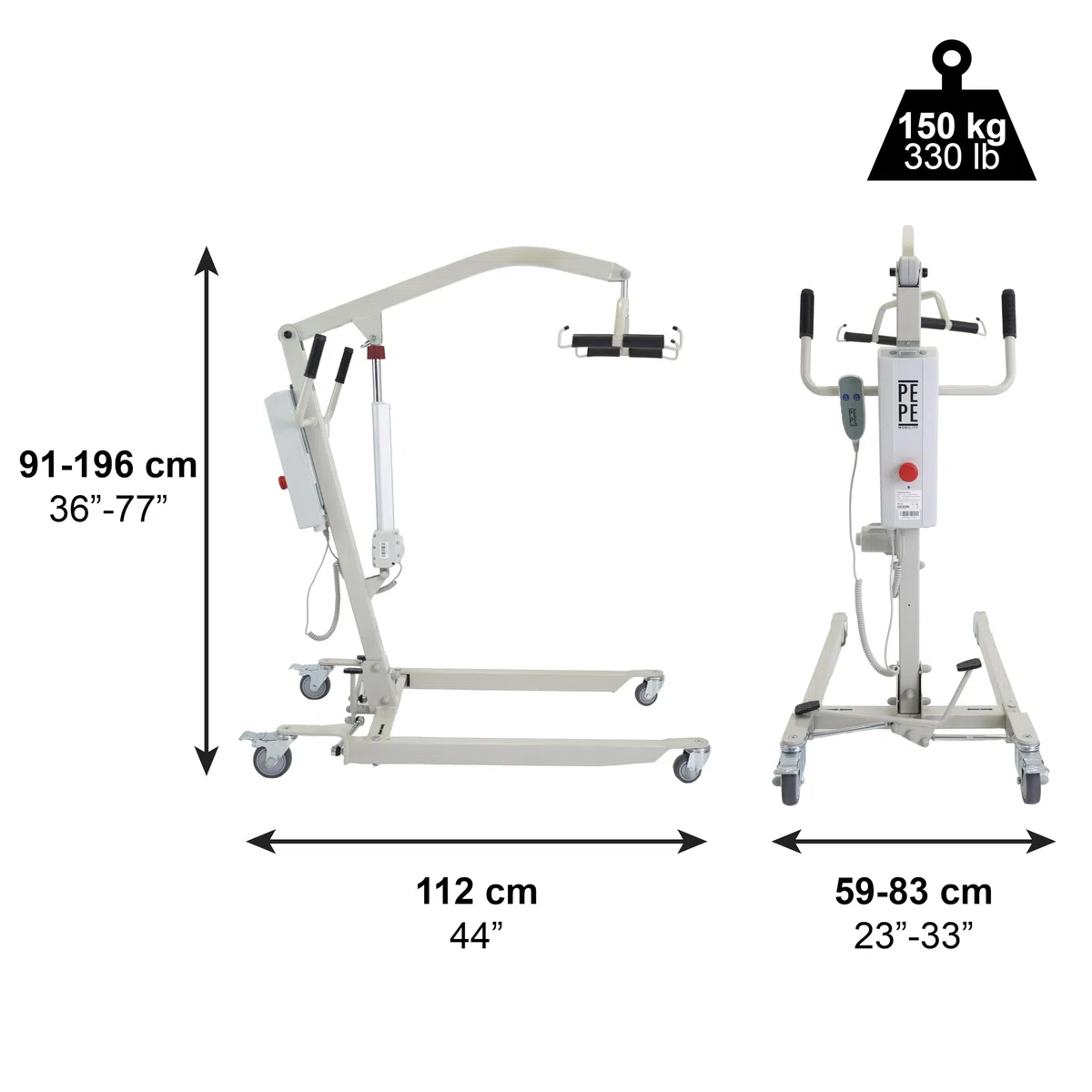 PEPE Mobility Grúa para Personas Mayores Eléctrica (hasta 150 kg), Arnés de Transferencia Incluido, Ancho Ajustable, Ruedas con Bloqueo Seguridad