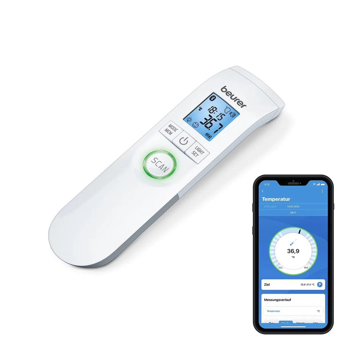 Beurer FT 95 Bluetooth®, Termómetro clínico de infrarrojos sin contacto con innovadora conexión a una app