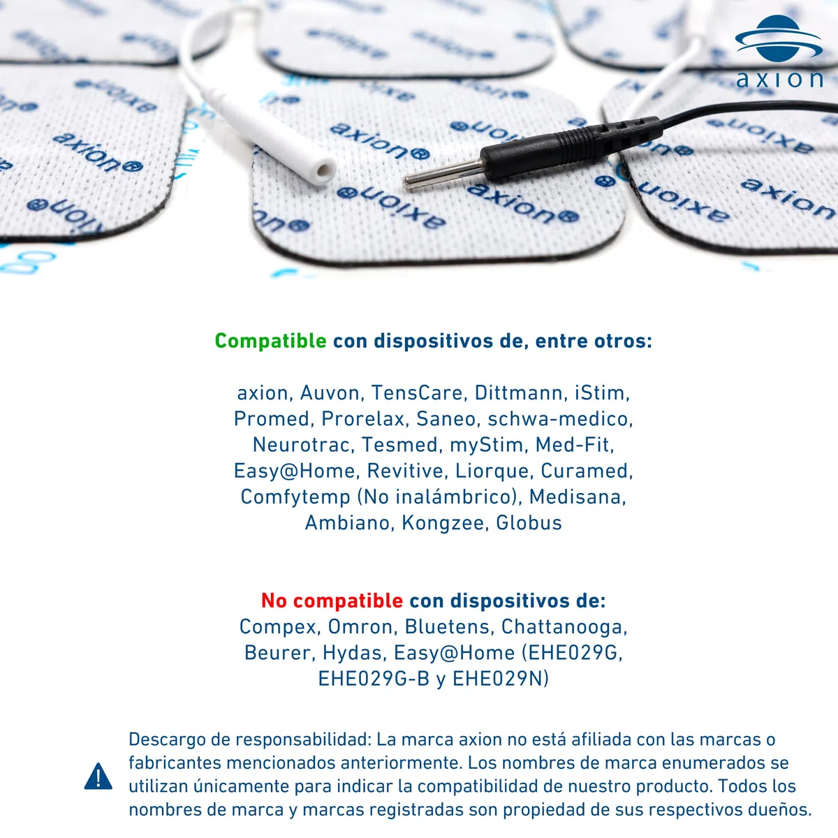 16 electrodos axion de 10x5 cm | Parches de recambio para electroestimulador TENS y/o EMS reusables y autoadhesivos con conector pin de 2 mm