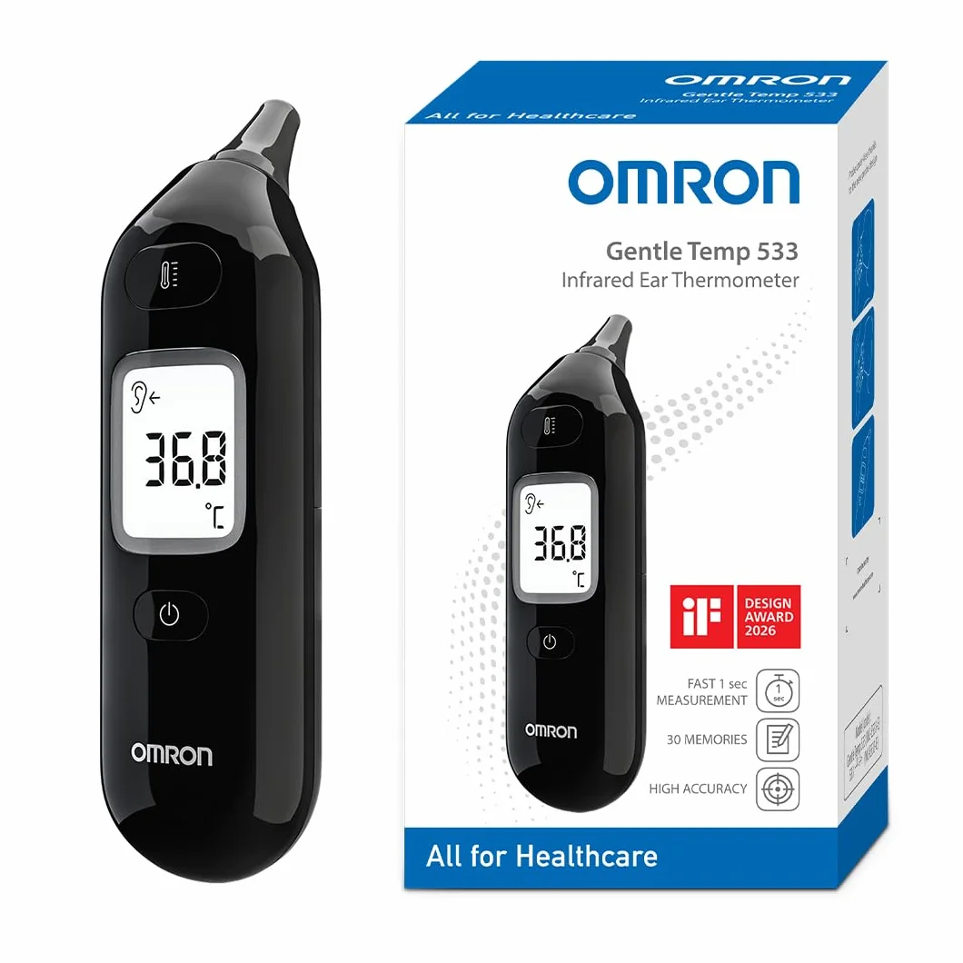 OMRON Gentle Temp 533 Termómetro digital – Termómetro oído bebé e infantil, termómetro infrarrojos sin cubiertas de sonda, medición 1 segundo, preciso, silencioso, memoria 30 lecturas, negro