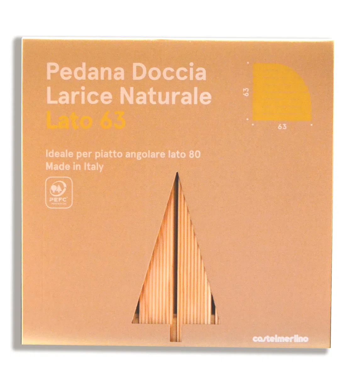 Castelmerlino Tarima para ducha Esquina en Alerce Natural Certificado PEFC lado 63 cm para bandejas de ducha esquina lado 80 cm