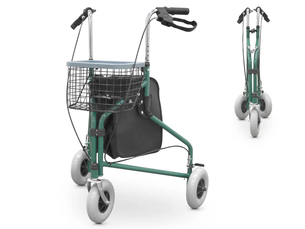 QUIRUMED Andador plegable de 3 ruedas, Con canasto y mochila, Frenos en las manetas, Regulable en altura, Color verde, Para mayores, Para minusválidos, Ligero