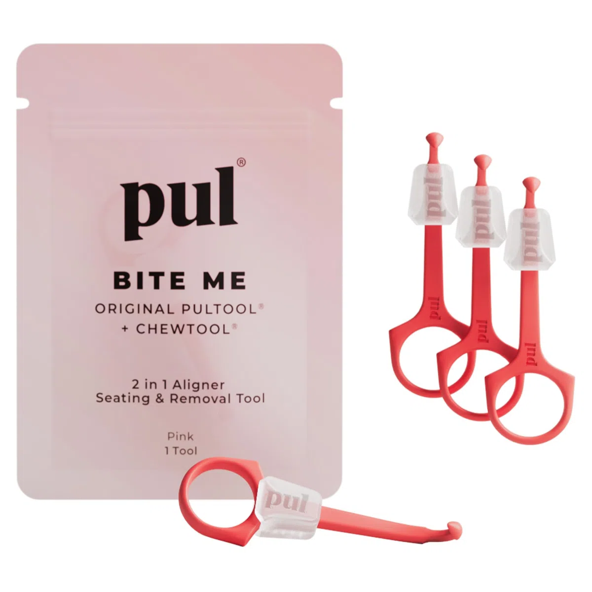 PUL Herramienta para masticar y quitar alineadores transparentes 2 en 1 PUL - Rosa | Combo masticable + removedor de ortodoncia | Accesorio dental higiénico, reutilizable y sin BPA para Invisalign