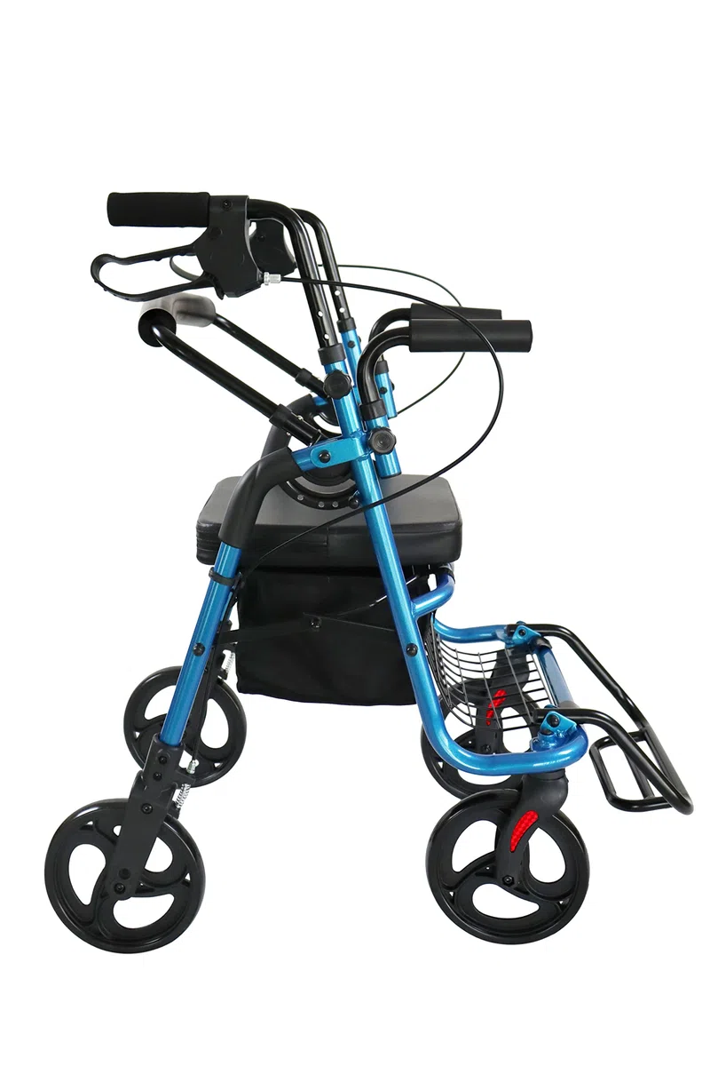 KMINA Andador Silla Plegable 2 en 1 con Cesta y Frenos de Maneta, Asiento Acolchado, Altura Regulable, Azul
