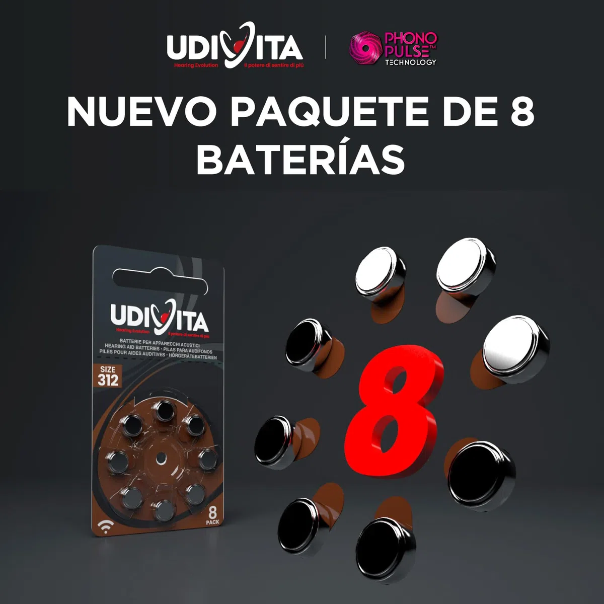 80 Pilas para Audífonos Tamaño 312 Udivita PR41 (Marrón) Zinc-Aire Hearing Evolution Tecnología Phono Pulse - 10 Blísteres de 8 Pilas