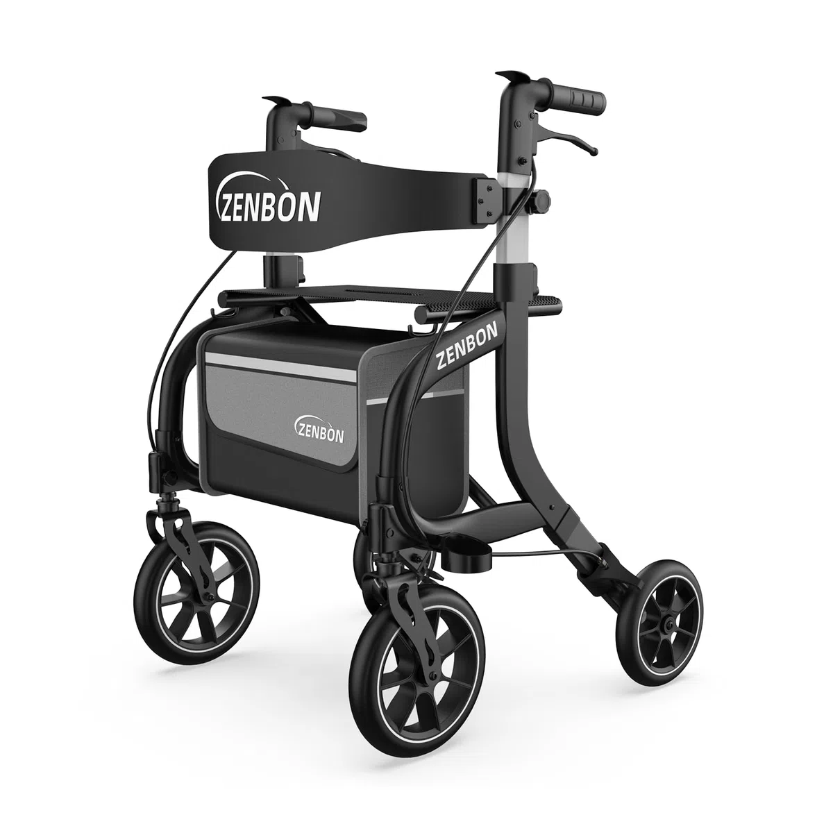 Andador Plegable de Aluminio con Asiento: Andador para Ancianos Adultos Ligero y Plegable de Viaje Altura Ajustable con Soporte para Bastón y Bolsa de Compra Extraíble (Negro)