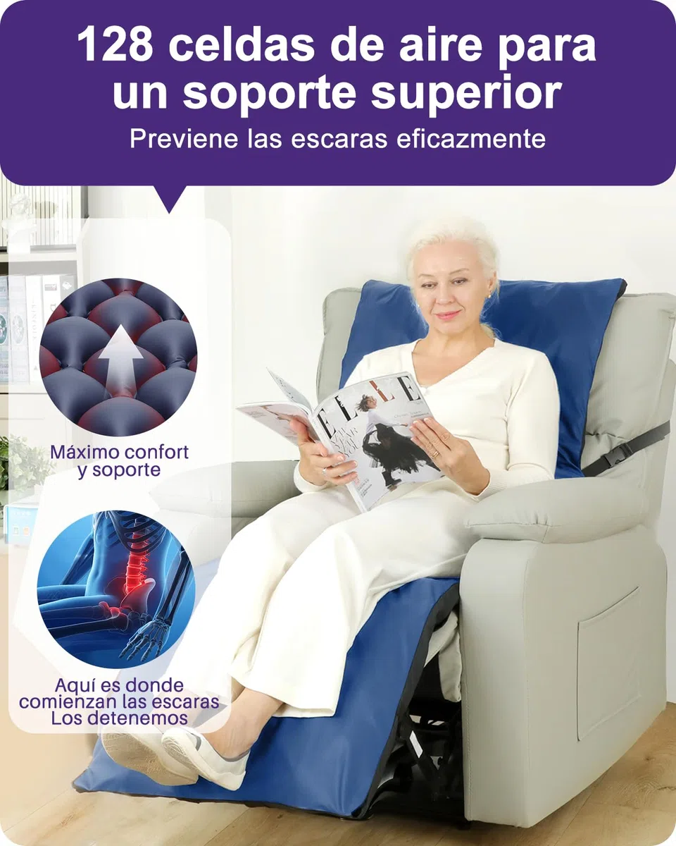 Kekoy Colchón Antiescaras para Sillones Reclinables, Bomba Silenciosa, Funda Impermeable, Ideal para Ancianos y Recuperación Postoperatoria, 170x56 cm, Azul Claro