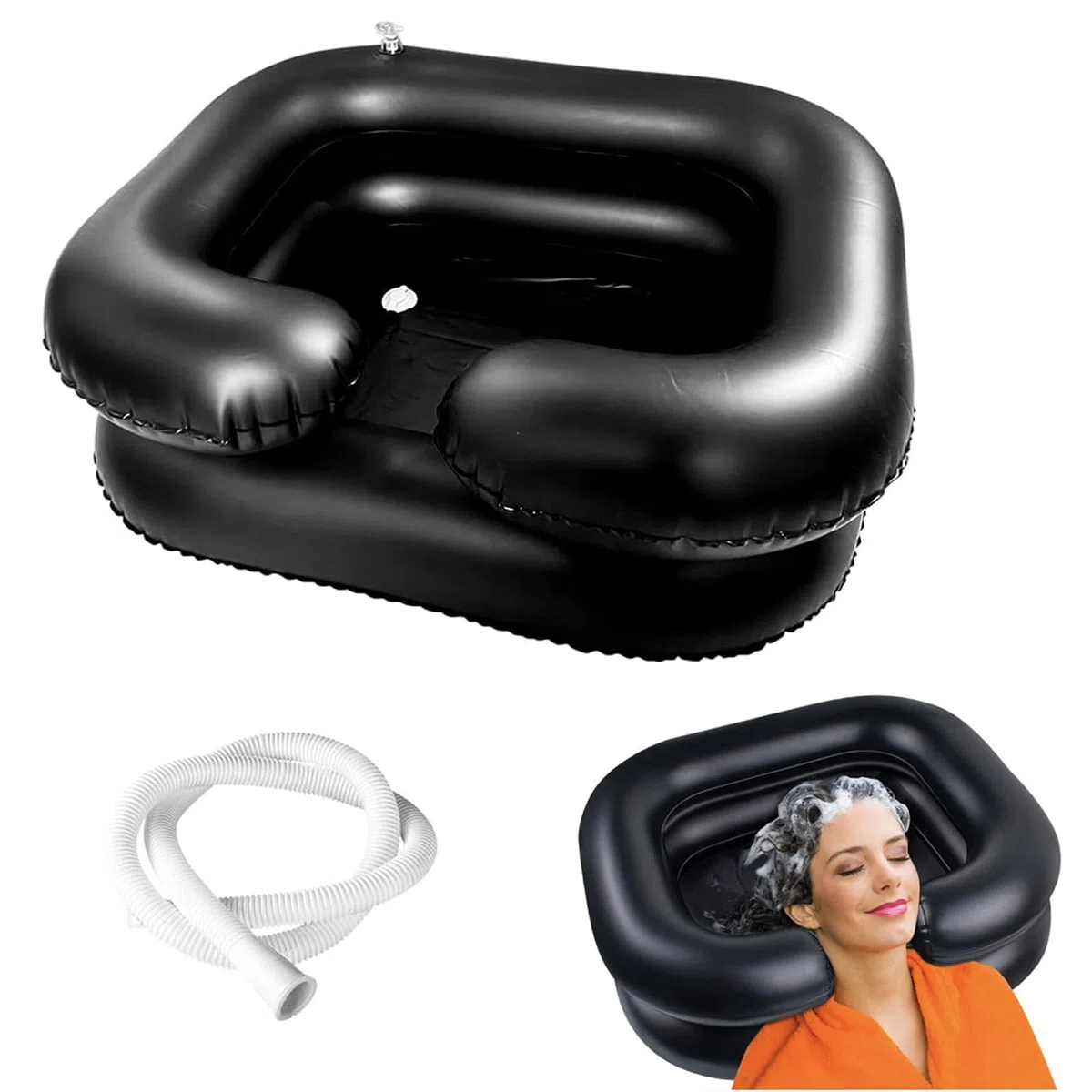 Lavabo de pelo con champú inflable, manguera de escape de 1 m, lavado de pelo para altitud, para mujeres embarazadas, pacientes lesionados